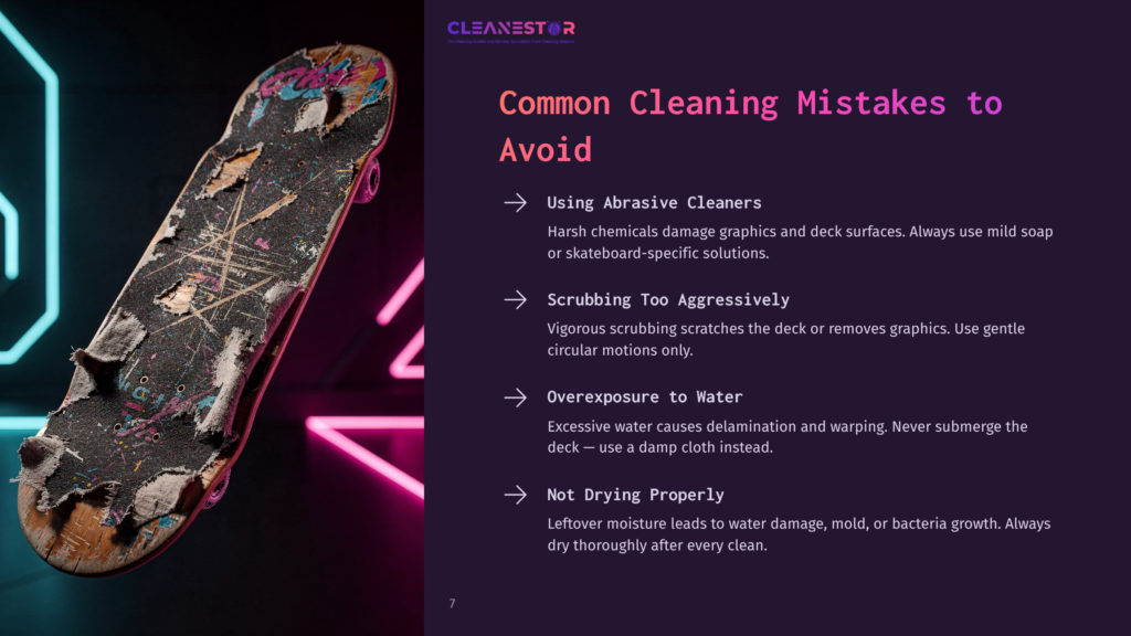 A Worn-Out Skateboard With Peeling Grip Tape And Damaged Graphics Lies On A Dark Background. Text On The Right Lists Common Cleaning Mistakes For Skateboards: Using Abrasive Cleaners, Scrubbing Too Aggressively, Overexposure To Water, And Not Drying Properly.