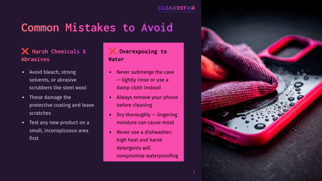 Close-Up Of A Hand Wiping A Pink Smartphone With A Purple Microfiber Cloth, Leaving Water Droplets On The Screen. &Quot;Common Mistakes To Avoid&Quot; Text Overlay.
