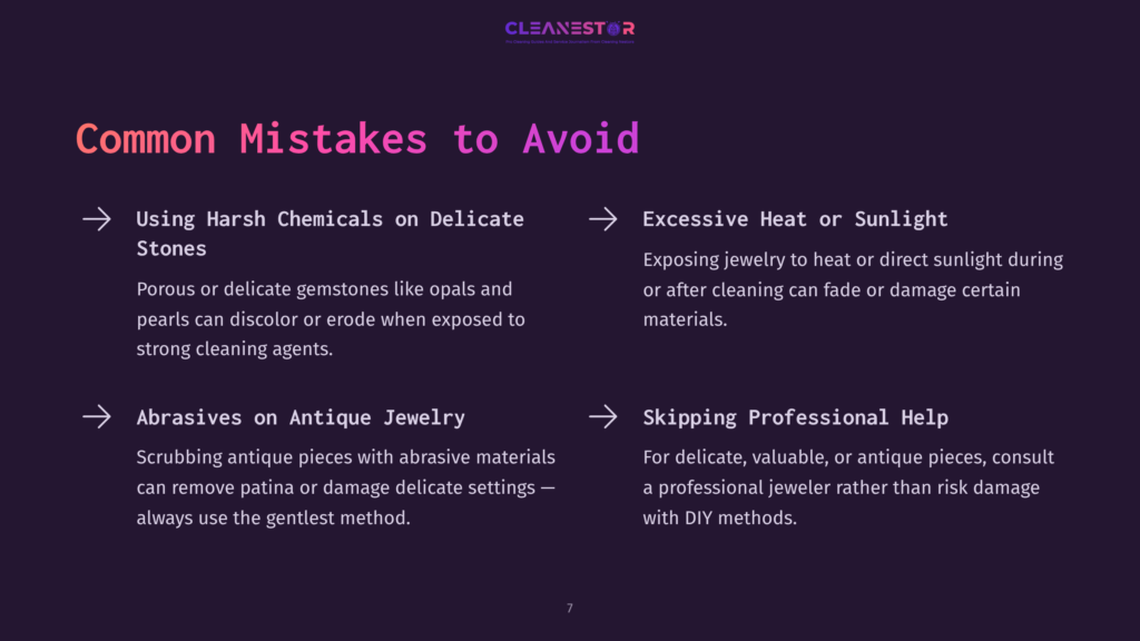 Cleanestor Logo Above Text Listing Common Mistakes To Avoid When Cleaning Delicate Stones And Antique Jewelry: Using Harsh Chemicals, Excessive Heat Or Sunlight, Abrasives, And Skipping Professional Help.