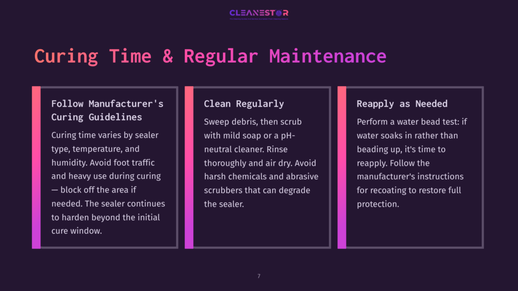 A Dark Purple Background With Three Vertical Panels Detailing &Quot;Curing Time &Amp; Regular Maintenance.&Quot; The Left Panel Advises Following Manufacturer'S Curing Guidelines, The Middle Explains Clean Regularly With Mild Soap And Ph-Neutral Cleaners, And The Right Suggests Reapply As Needed Based On Water Bead Tests.