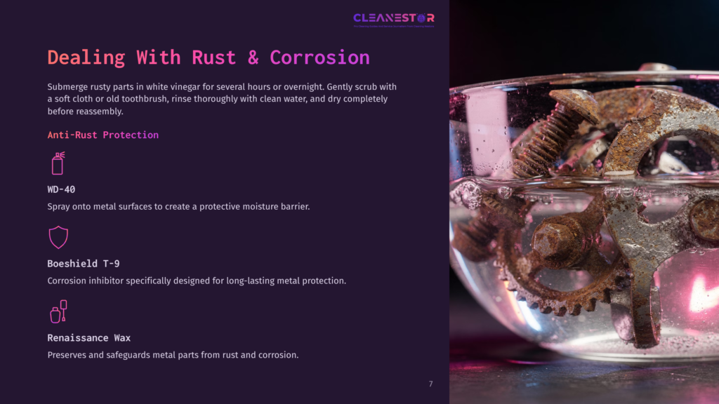Close-Up Of Heavily Rusted Metal Gears And Bolts Submerged In A Clear Liquid, Showcasing The Effects Of Rust And Corrosion.