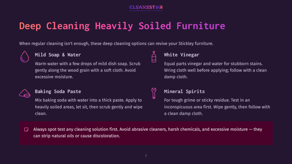 Deep Cleaning Heavily Soiled Furniture: Mild Soap &Amp; Water, White Vinegar, Baking Soda Paste, And Mineral Spirits Cleaning Solutions Illustrated With Icons.