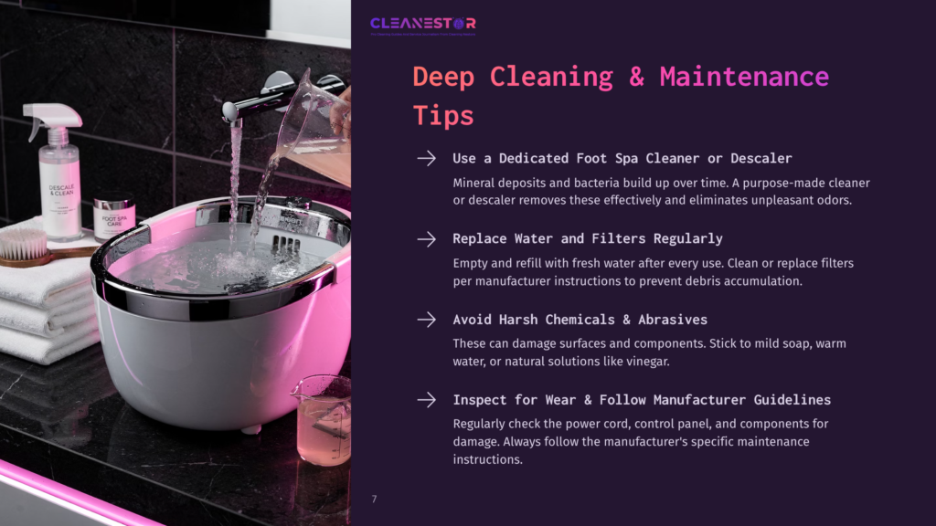 A Person Pours A Clear Liquid From A Glass Beaker Into A White Foot Spa Basin Filled With Water, With Bottles Of Foot Spa Cleaner And Brushes On A Marble Countertop In The Background.
