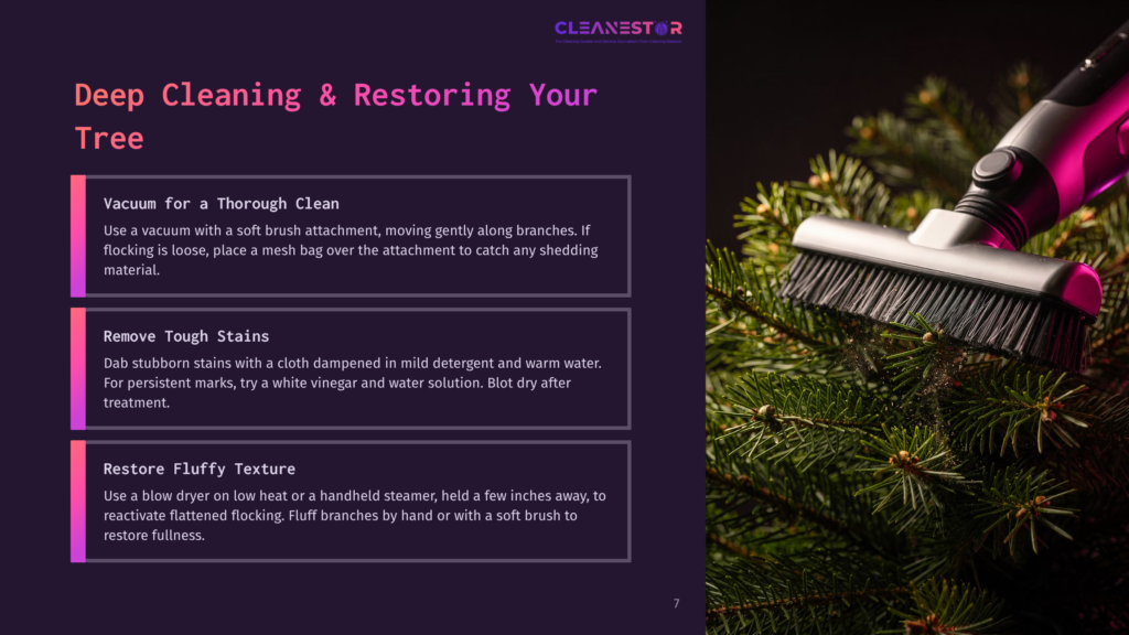 Close-Up Of A Vacuum Cleaner With A Soft Brush Attachment Cleaning A Flocked Christmas Tree, With Text Overlay On The Left.