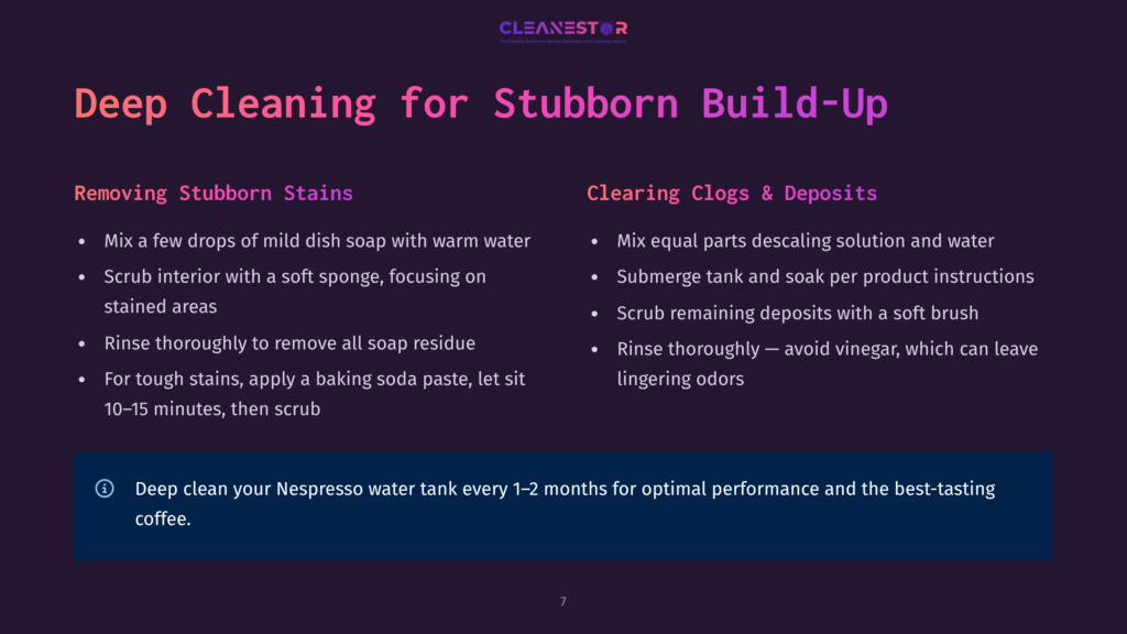 Deep Cleaning For Stubborn Build-Up: Removing Stubborn Stains With Mild Dish Soap And Baking Soda Paste, And Cleaning And Descaling Nespresso Water Tanks.