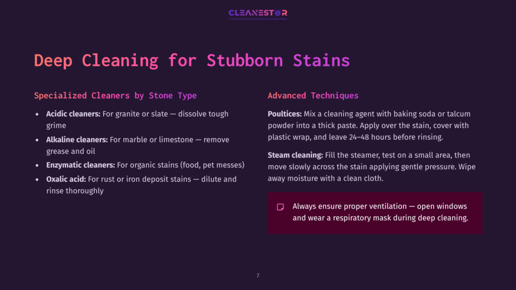 Cleanestor Logo And Text Detailing Deep Cleaning For Stubborn Stains On Stone, Including Specialized Cleaners And Advanced Techniques Like Poultices And Steam Cleaning.