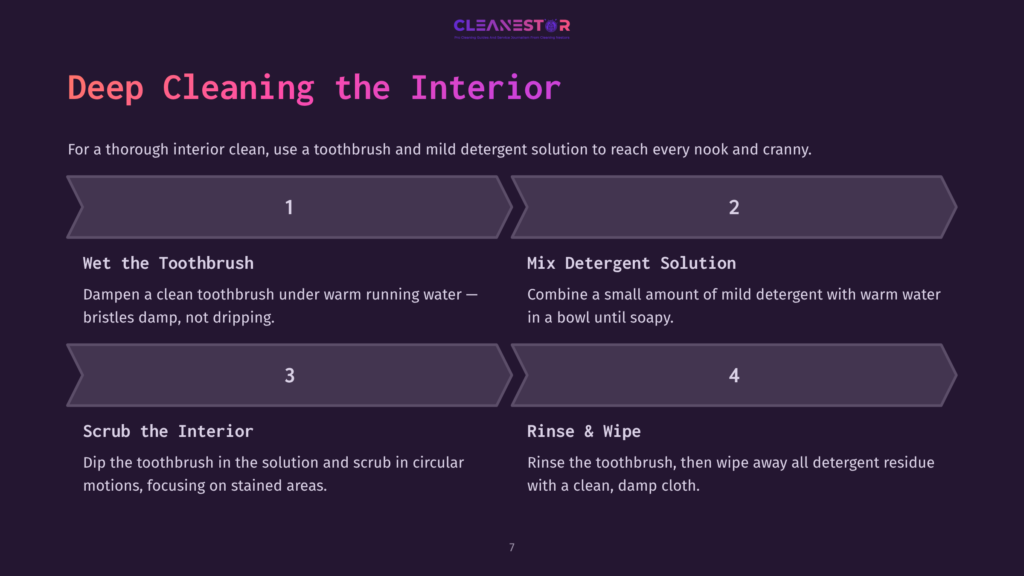 Infographic Detailing Deep Cleaning The Interior With 4 Steps: Wet Toothbrush, Mix Detergent Solution, Scrub The Interior, Rinse &Amp; Wipe. Text Includes &Quot;Deep Cleaning The Interior&Quot; Title.