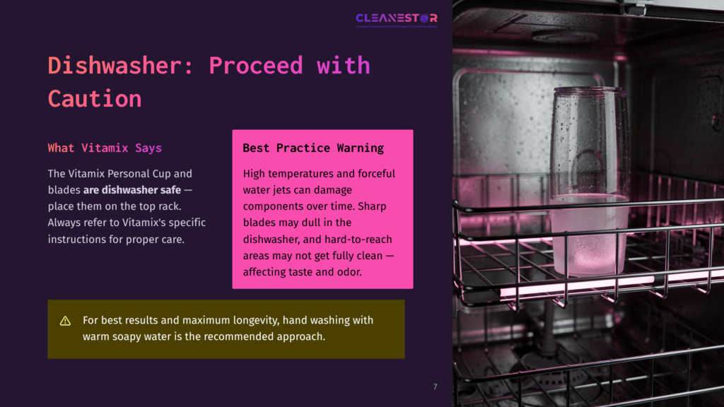 7 Dishwasher Proceed With Caution Dishwasher With A Glass Of Water Inside, Text Warning About Dishwasher Safety For Vitamix Personal Cup And Blades.