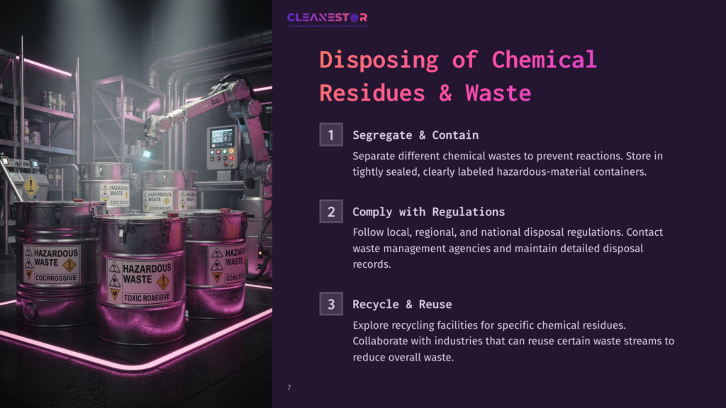 7 Disposing Of Chemical Residues And Waste Robotic Arm In A Dimly Lit Chemical Storage Facility, Arranging Hazardous Waste Drums. The Scene Depicts Safe Chemical Disposal And Waste Management.