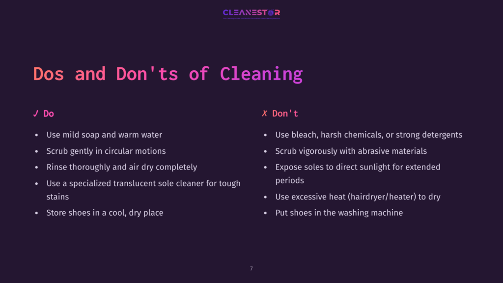 7 Dos And Donts Of Cleaning Dos And Don'Ts Of Cleaning: A Guide With Checkmark And X Icons Listing Tips For Cleaning Shoes, Including Using Mild Soap And Water, Rinsing Thoroughly, And Avoiding Bleach Or Harsh Chemicals.