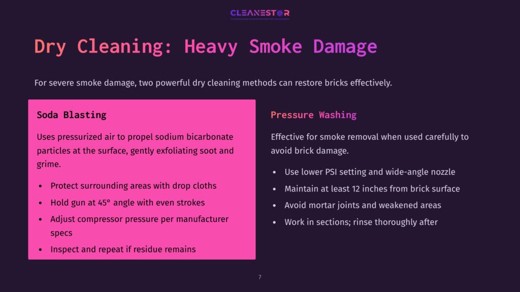 Slide Titled &Quot;Dry Cleaning: Heavy Smoke Damage,&Quot; Comparing Soda Blasting And Pressure Washing For Brick Cleaning. Soda Blasting Uses Pressurized Air To Propel Sodium Bicarbonate Particles, While Pressure Washing Uses Low Psi And Wide-Angle Nozzles.