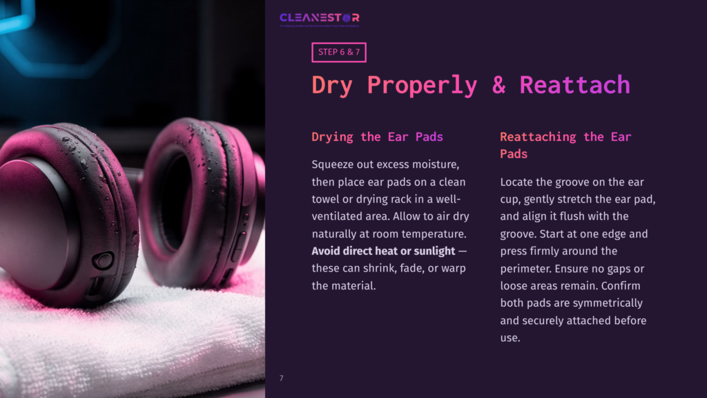 Close-Up Of Wet, Black Over-Ear Headphones With Water Droplets On The Earcups, Resting On A White Terry Cloth Towel. Text Reads &Quot;Cleanestor&Quot; And &Quot;Dry Properly &Amp; Reattach&Quot;.