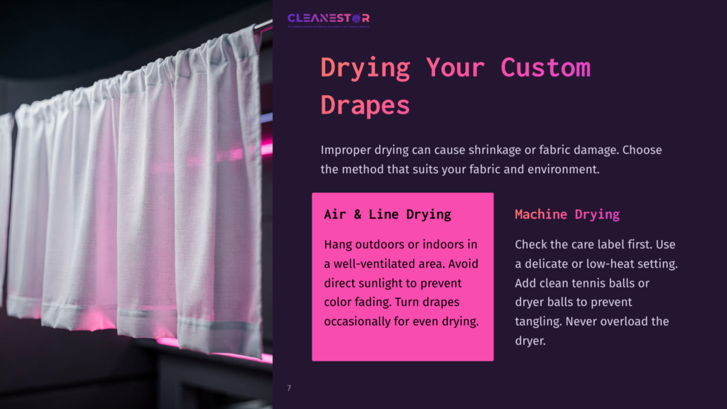 Close-Up Of White Custom Drapes Hanging Indoors, Lit By Pink Led Lights. The Text &Quot;Cleanestor Drying Your Custom Drapes&Quot; Is Visible.