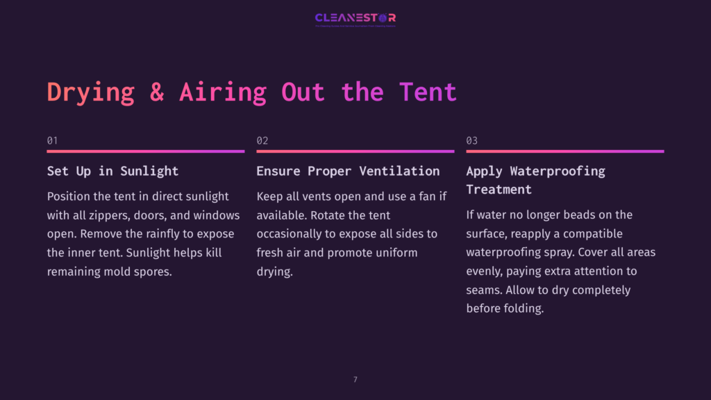 Infographic Detailing Tent Drying And Airing Out Steps: 1. Set Up In Sunlight, 2. Ensure Proper Ventilation, 3. Apply Waterproofing Treatment. Text Emphasizes Sunlight For Mold Spores And Fan Use For Drying.