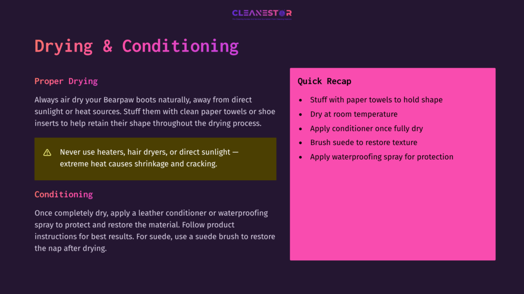 Infographic Detailing How To Dry And Condition Leather Boots, With Steps Like Air Drying, Stuffing With Paper, And Applying Conditioner. Includes A &Quot;Quick Recap&Quot; Section With Bullet Points.