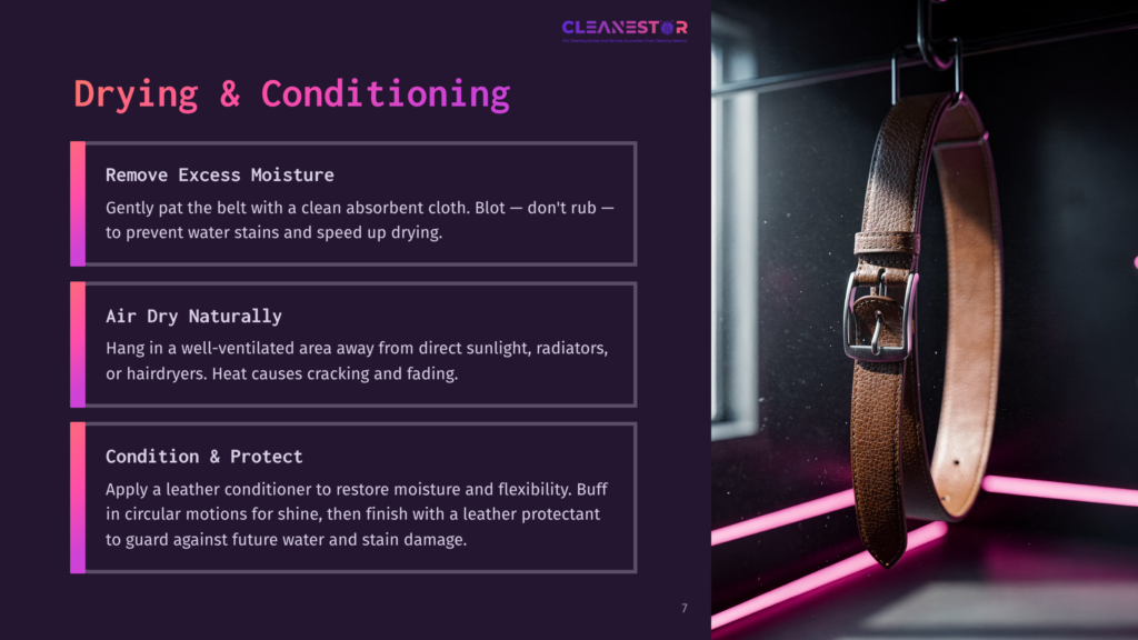 Closeup Of A Brown Leather Belt Hanging On A Hook, With Text Overlay Describing Cleaning And Conditioning Tips: &Quot;Remove Excess Moisture,&Quot; &Quot;Air Dry Naturally,&Quot; And &Quot;Condition &Amp; Protect.