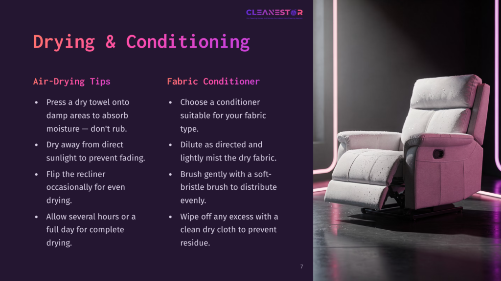 7 Drying And Conditioning 2 A White Recliner Chair Is Covered In Water Droplets, Illuminated By Purple Neon Lighting, With Text Overlay About &Quot;Drying &Amp; Conditioning&Quot; Fabric.
