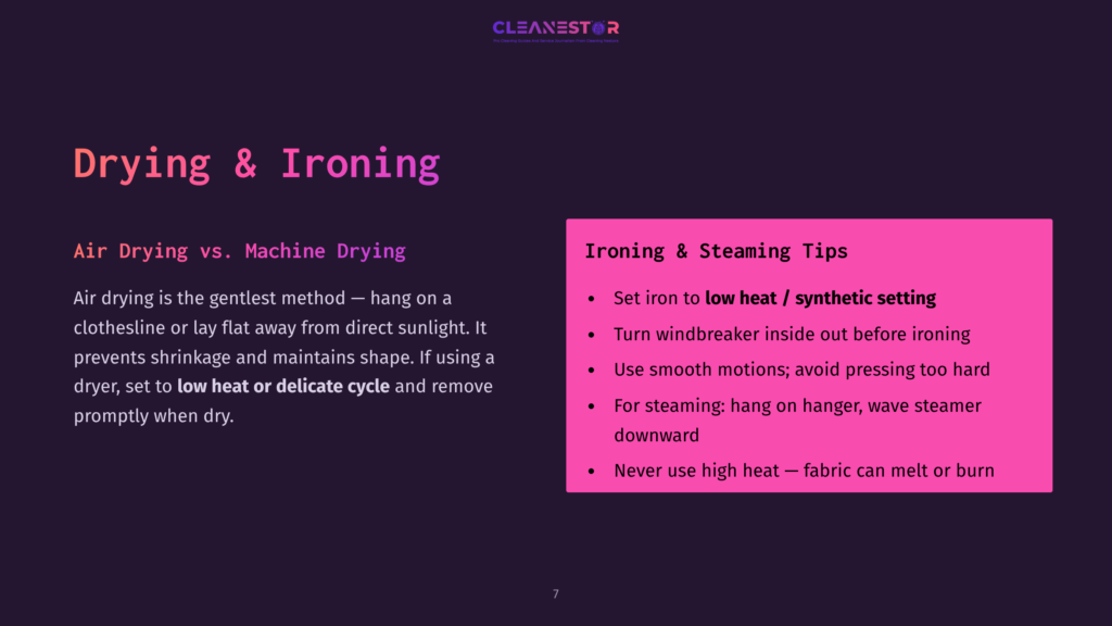 Slide Titled &Quot;Drying &Amp; Ironing&Quot; And &Quot;Ironing &Amp; Steaming Tips&Quot; With Advice On Air Drying Vs. Machine Drying And Tips For Ironing Windbreakers And Other Synthetic Fabrics On Low Heat.