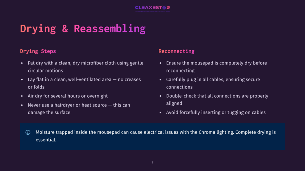 Cleanestor Logo. Drying &Amp; Reassembling Guide For A Mousepad, Detailing Steps For Drying And Reconnecting, Including Warnings About Moisture And Heat.