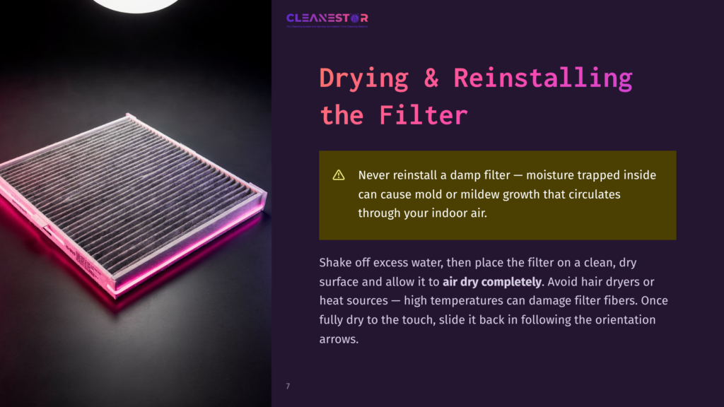 A Close-Up Of A Dirty Air Filter With Visible Dust And Debris, Illuminated By Pink And Purple Light. Text On The Right Side Reads &Quot;Drying &Amp; Reinstalling The Filter&Quot; And Provides Instructions On How To Dry And Reinstall The Filter.