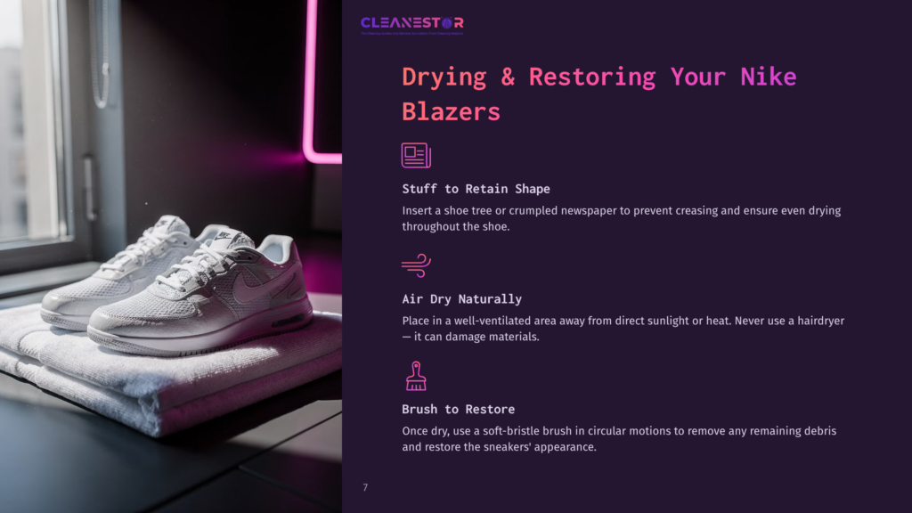 7 Drying And Restoring Your Nike Blazers Two White Nike Blazers Sit On A Folded White Towel Next To A Window, With A Pink Neon Light Glow In The Background. The Image Is Part Of A Guide On Drying And Restoring Nike Blazers.