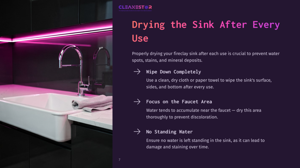 A Modern Kitchen Sink With A Chrome Faucet And A Neatly Folded Gray Towel, Illuminated By Vibrant Pink Led Under-Cabinet Lighting. Text Overlay: &Quot;Drying The Sink After Every Use.