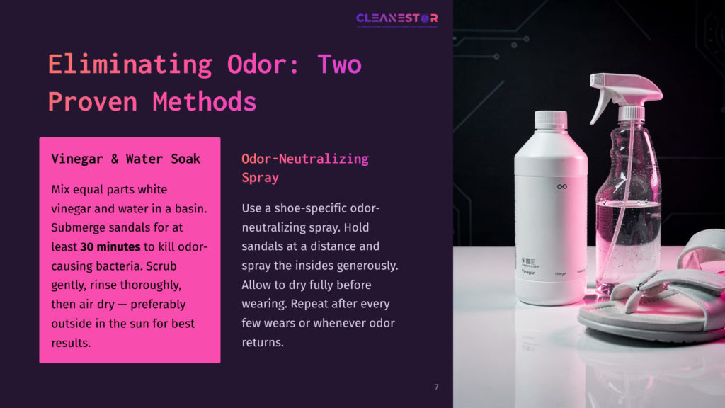 Two Bottles, One White Spray Bottle And One White Opaque Bottle Labeled &Quot;Vinegar&Quot;, Sit Next To A White Sandal On A Reflective Surface. Text On The Image Discusses &Quot;Eliminating Odor: Two Proven Methods&Quot; With &Quot;Vinegar &Amp; Water Soak&Quot; And &Quot;Odor-Neutralizing Spray&Quot;.