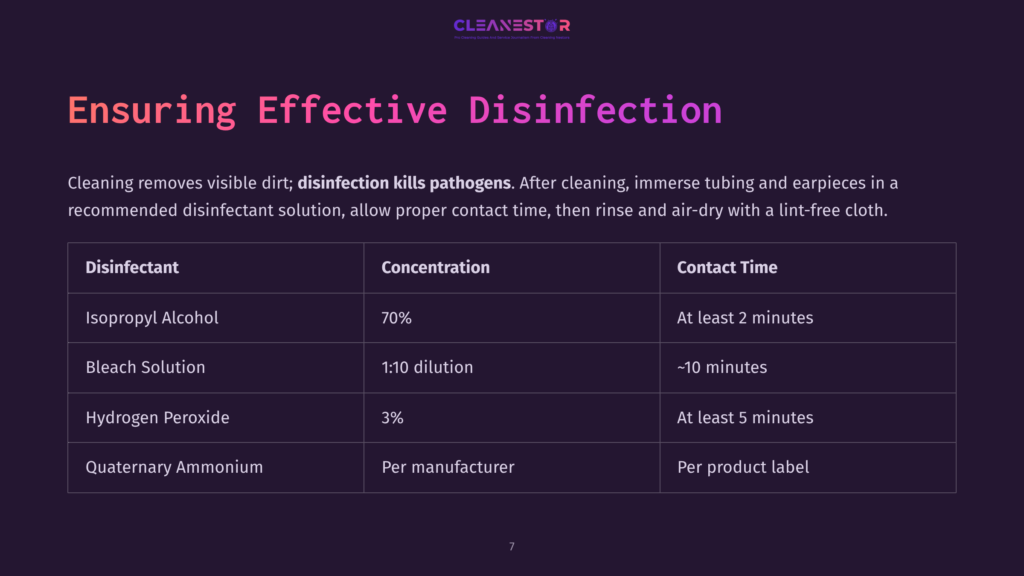 Ensuring Effective Disinfection: A Table Lists Disinfectants Like Isopropyl Alcohol, Bleach Solution, Hydrogen Peroxide, And Quaternary Ammonium, With Their Concentrations And Contact Times For Proper Cleaning And Disinfection.