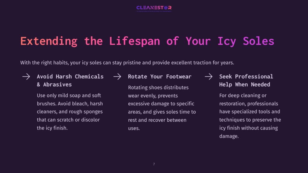 Cleanestor Logo Above Text: &Quot;Extending The Lifespan Of Your Icy Soles&Quot; With Tips To Avoid Harsh Chemicals, Rotate Footwear, And Seek Professional Help. Dark Purple Background.