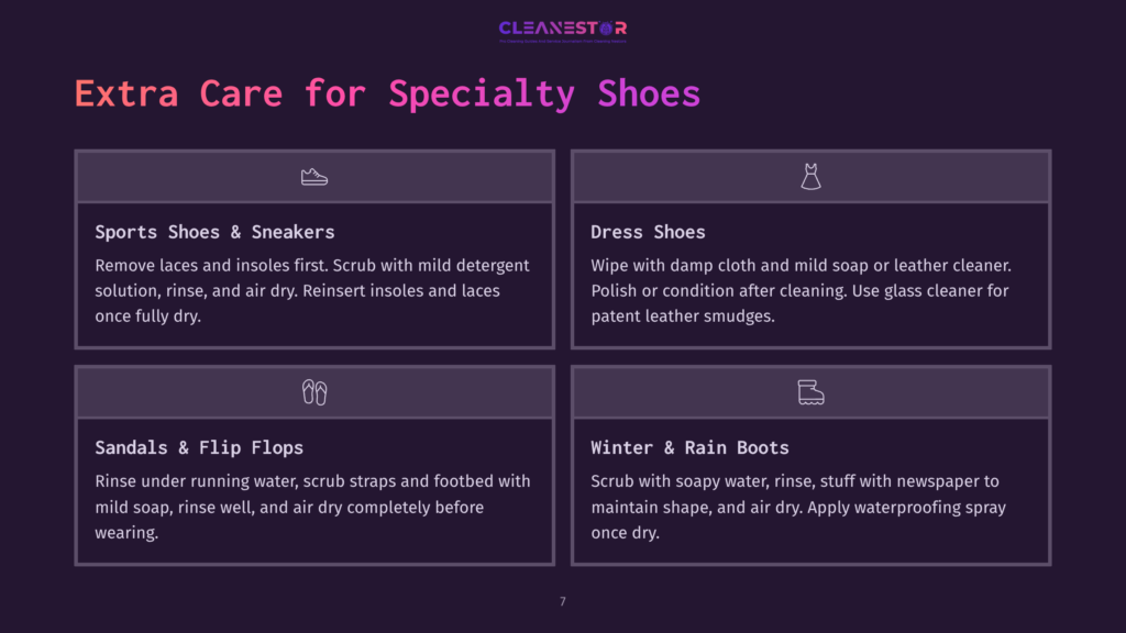 Infographic Detailing Extra Care For Specialty Shoes: Sports Shoes &Amp; Sneakers, Dress Shoes, Sandals &Amp; Flip Flops, And Winter &Amp; Rain Boots. Includes Cleaning And Maintenance Tips.