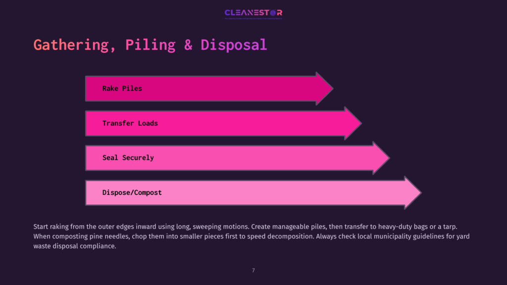 Diagram Illustrating The Process Of Gathering, Piling, And Disposing Of Yard Waste, With Steps Including Raking Piles, Transferring Loads, Sealing Securely, And Final Disposal/Composting.