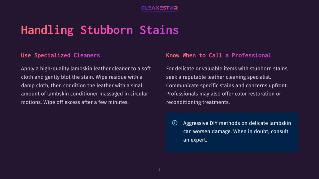 Cleanestor Logo And Text &Quot;Handling Stubborn Stains&Quot; With Sections On &Quot;Use Specialized Cleaners&Quot; And &Quot;Know When To Call A Professional&Quot; On A Dark Background.