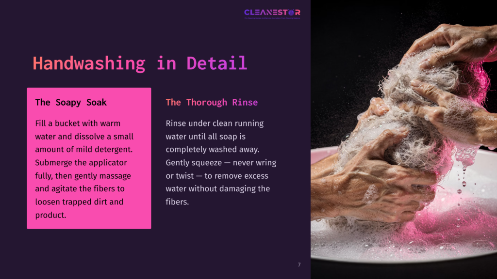 Close-Up Of Hands Gently Washing A Fluffy, White, Tangled Material In A Tub Of Pink Soapy Water. The Text &Quot;Handwashing In Detail&Quot; Is Visible.