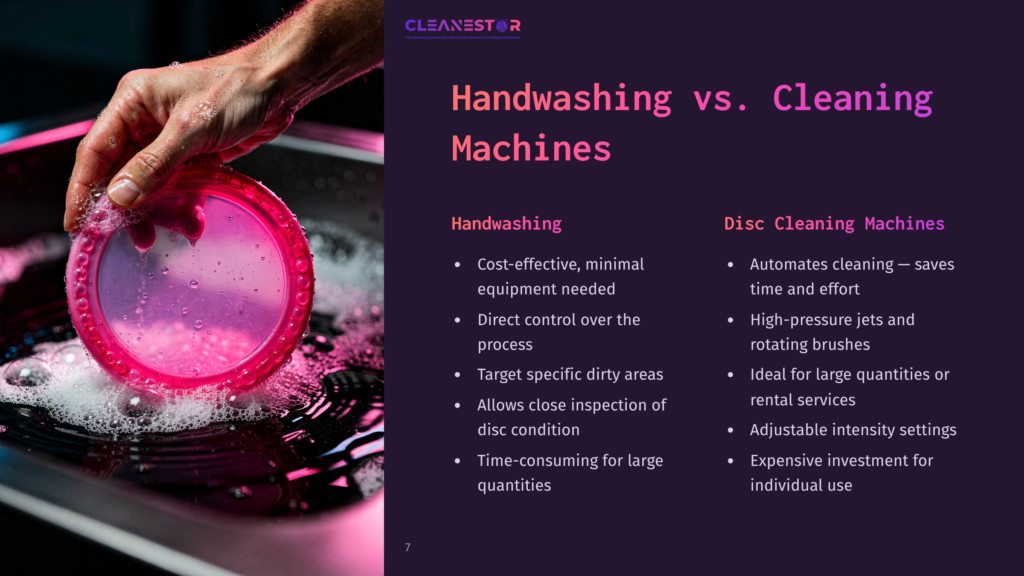 Close-Up Of A Hand Washing A Pink Disc In Soapy Water, With The Text &Quot;Cleanestor&Quot; And &Quot;Handwashing Vs. Cleaning Machines&Quot; Visible.