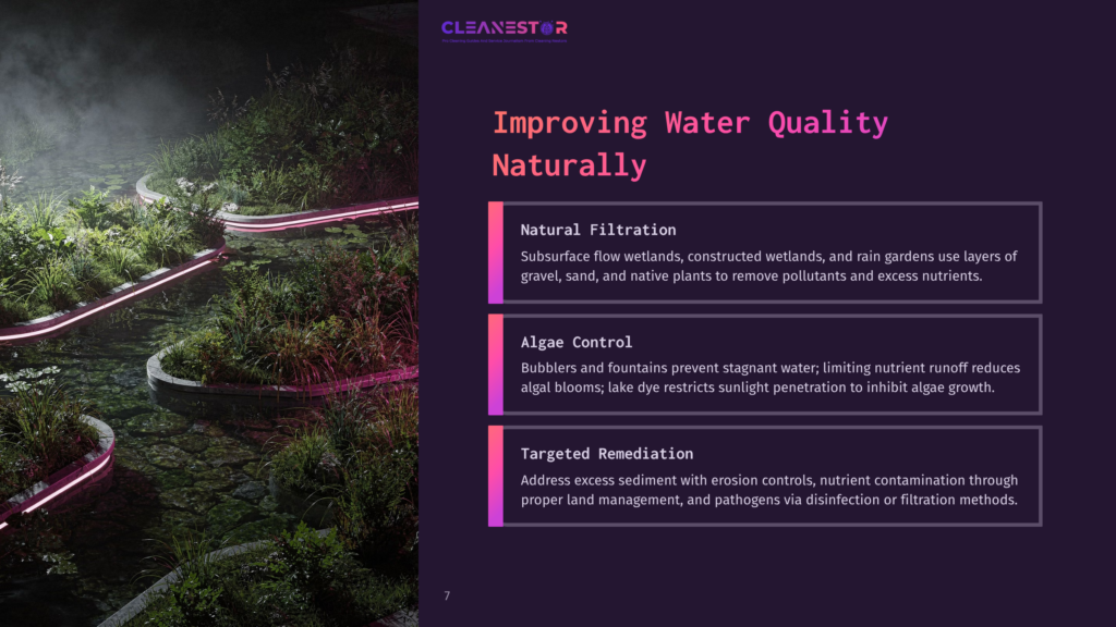 A Serene, Illuminated Water Feature With Lush Greenery And Pink Neon Lights, Showcasing Natural Water Filtration And Algae Control Methods.