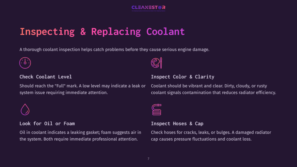 7 Inspecting And Replacing Coolant Infographic Outlining How To Inspect And Replace Car Coolant, Featuring Icons For Checking Coolant Level, Color, Oil Presence, And Hose Condition, With Accompanying Text.