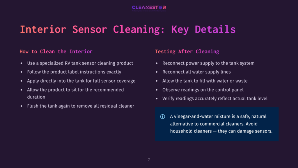 Cleanestor Rv Sensor Cleaning Instructions: How To Clean The Interior And Testing After Cleaning. Includes Steps Like Using Specialized Cleaner, Flushing The Tank, And Verifying Readings.