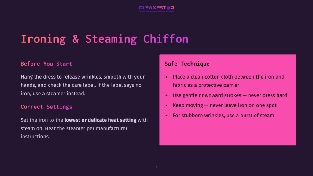 A Slide Titled &Quot;Ironing &Amp; Steaming Chiffon&Quot; From Cleanestor, With Instructions On Safe Chiffon Care, Including Using A Cloth Barrier And Gentle Strokes.
