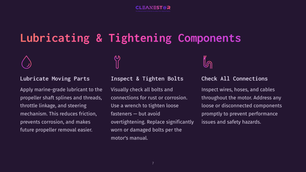 Three Icons And Text Describe Lubricating Moving Parts, Inspecting And Tightening Bolts, And Checking All Connections For Boat Maintenance. The Text Includes &Quot;Lubricating &Amp; Tightening Components.