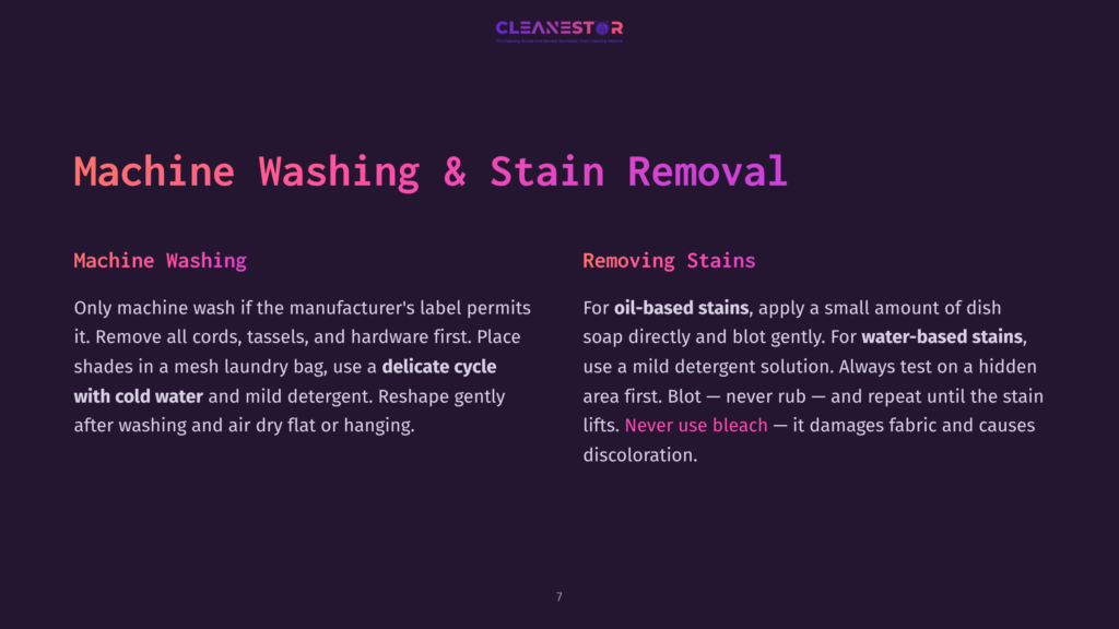 7 Machine Washing And Stain Removal Cleanestor Logo At The Top Of A Slide With The Heading &Quot;Machine Washing &Amp; Stain Removal&Quot;. The Slide Contains Two Columns: &Quot;Machine Washing&Quot; With Instructions And &Quot;Removing Stains&Quot; With Instructions For Oil-Based And Water-Based Stains.