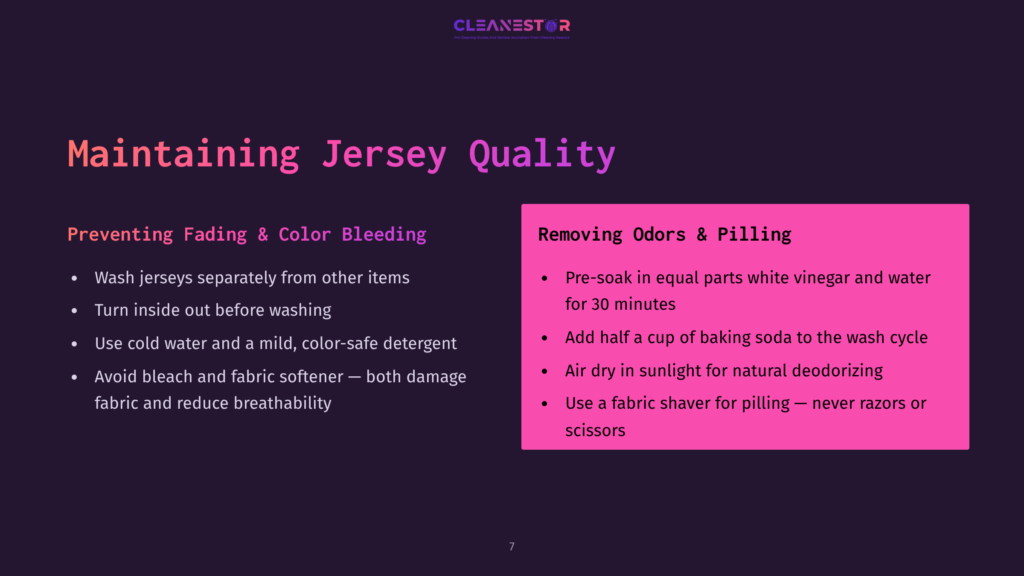 Dark Purple Background With &Quot;Cleanestor&Quot; Logo At Top. Text Details &Quot;Maintaining Jersey Quality&Quot; With Sections On &Quot;Preventing Fading &Amp; Color Bleeding&Quot; And &Quot;Removing Odors &Amp; Pilling&Quot; With Bullet Points.