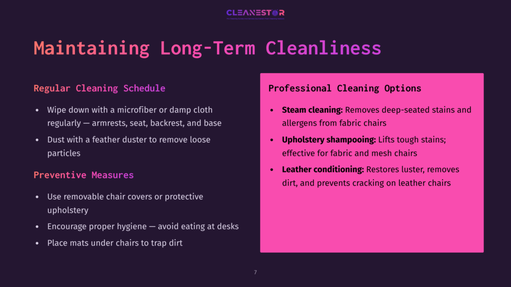 Cleanestor Presentation Slide Titled &Quot;Maintaining Long-Term Cleanliness&Quot; With Sections On &Quot;Regular Cleaning Schedule&Quot; And &Quot;Professional Cleaning Options&Quot; Detailing Steam Cleaning, Upholstery Shampooing, And Leather Conditioning.