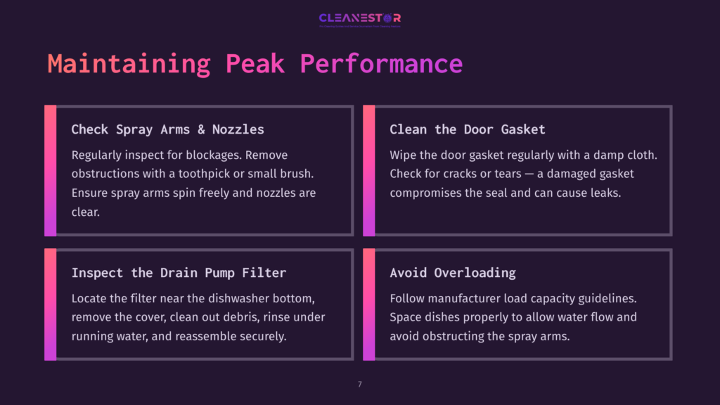 7 Maintaining Peak Performance Infographic Titled &Quot;Maintaining Peak Performance&Quot; With Sections On Checking Spray Arms, Cleaning The Door Gasket, Inspecting The Drain Pump Filter, And Avoiding Overloading A Dishwasher.