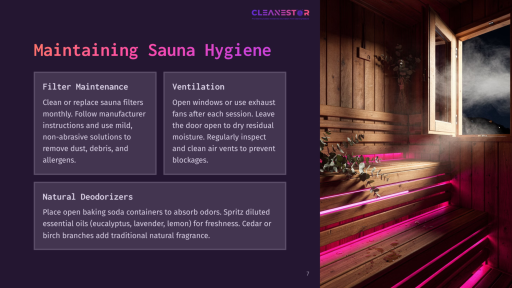 Inside A Sauna With Pink Ambient Lighting, Wooden Benches Are Illuminated, With Steam Rising From The Warm Wooden Interior And An Open Window Showing A Dark, Misty Night Sky.
