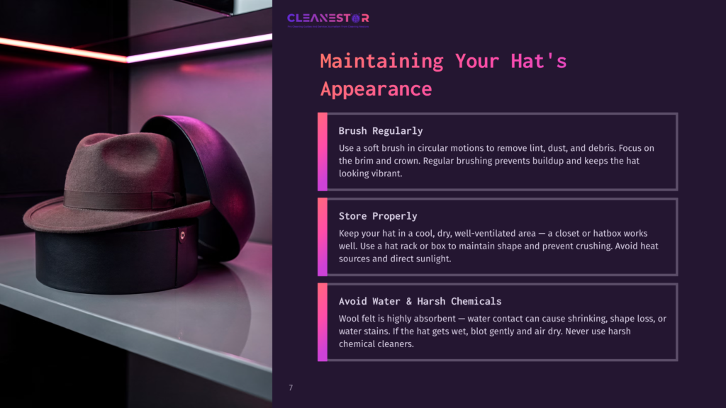 A Brown Felt Fedora Hat Sits Inside A Round, Dark Brown Hatbox, With The Lid Propped Open. The Hat Is Tilted, Revealing Its Brim, Against A Blurred Background Of Shelves With Purple Lighting, Suggesting A Stylish Display Or Storage.