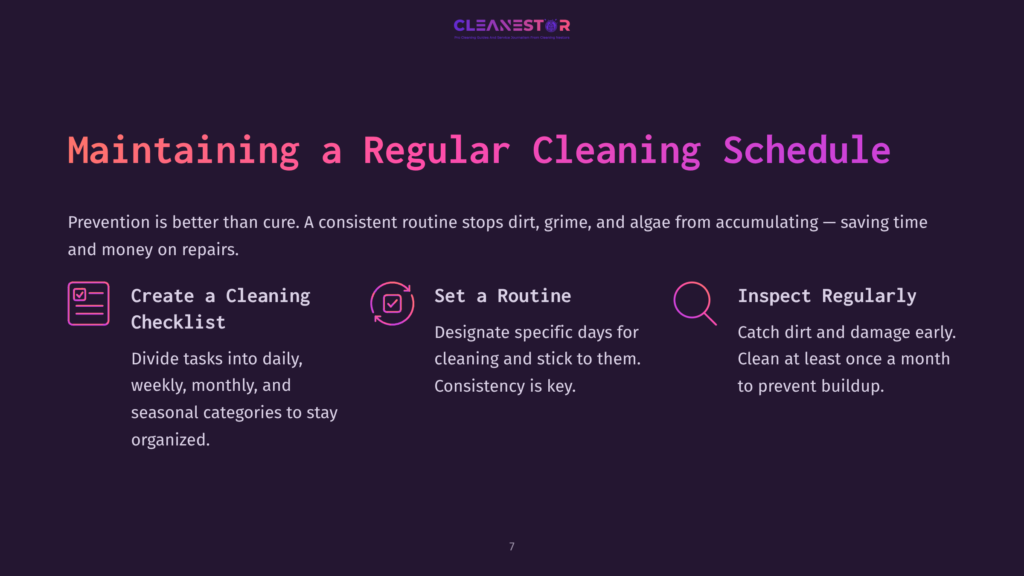 Graphic Illustrating How To Maintain A Regular Cleaning Schedule With Three Key Steps: &Quot;Create A Cleaning Checklist,&Quot; &Quot;Set A Routine,&Quot; And &Quot;Inspect Regularly.