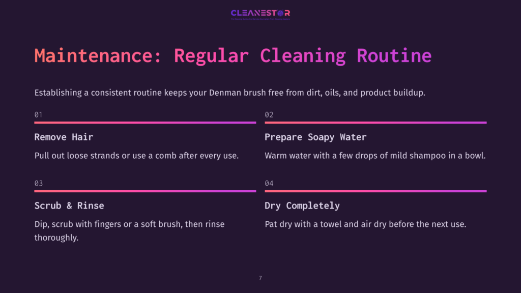 A Dark Purple Background With The Text &Quot;Maintenance: Regular Cleaning Routine&Quot; And &Quot;Cleanestor&Quot; Logo At The Top. Four Steps For Cleaning Are Listed: &Quot;Remove Hair,&Quot; &Quot;Prepare Soapy Water,&Quot; &Quot;Scrub &Amp; Rinse,&Quot; And &Quot;Dry Completely.