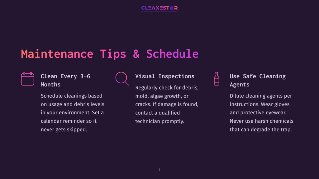 Maintenance Tips And Schedule Graphic With Icons And Text: &Quot;Clean Every 3-6 Months,&Quot; &Quot;Visual Inspections,&Quot; And &Quot;Use Safe Cleaning Agents.