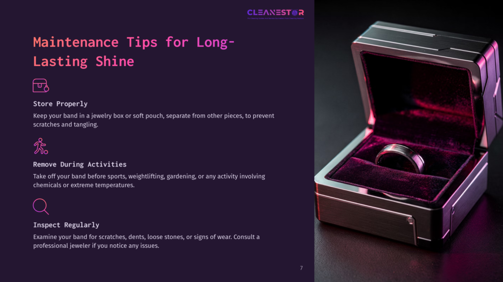 7 Maintenance Tips For Long Lasting Shine A Silver Ring With A Dark Band Rests Inside A Plush Purple Velvet Jewelry Box, Illuminated By Purple Light. Text On The Left Provides &Quot;Maintenance Tips For Long-Lasting Shine.