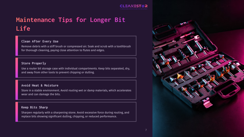A Black Case Filled With Various Router Bits Is Open, Illuminated By Pink And Blue Light. The Image Also Shows Text &Quot;Cleanestor&Quot;, &Quot;Maintenance Tips For Longer Bit Life&Quot;, And Tips For Cleaning, Storing, And Maintaining Router Bits.